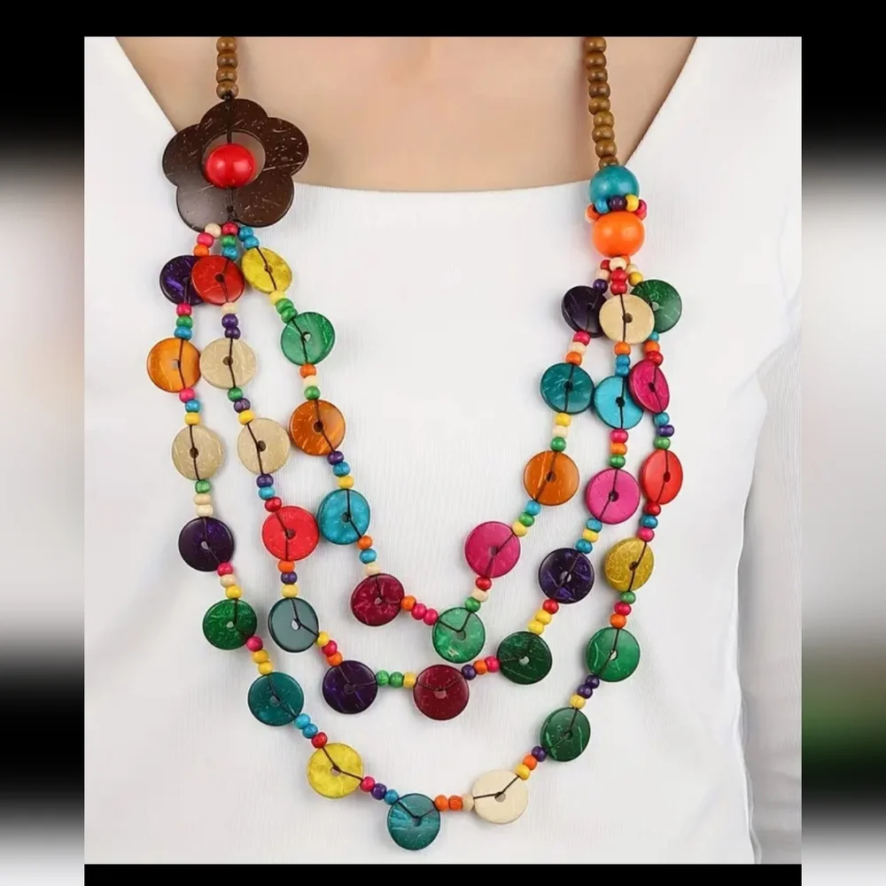 BOHO HIPPIE COLORFUL WOOD BEAD Coconut Shell FLOWER NECKLACE NP - Picture 1 of 7